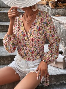SHEIN LUNE 滿版印花圍裹側繫帶燈籠袖短款襯衫 - 彩色 - 查看 1