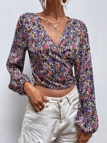 SHEIN LUNE 滿版印花圍裹側繫帶燈籠袖短款襯衫 - 彩色 - 查看 6