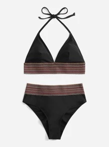 条纹吊带高腰比基尼套装夏季海滩 - 黑色 - 查看 1