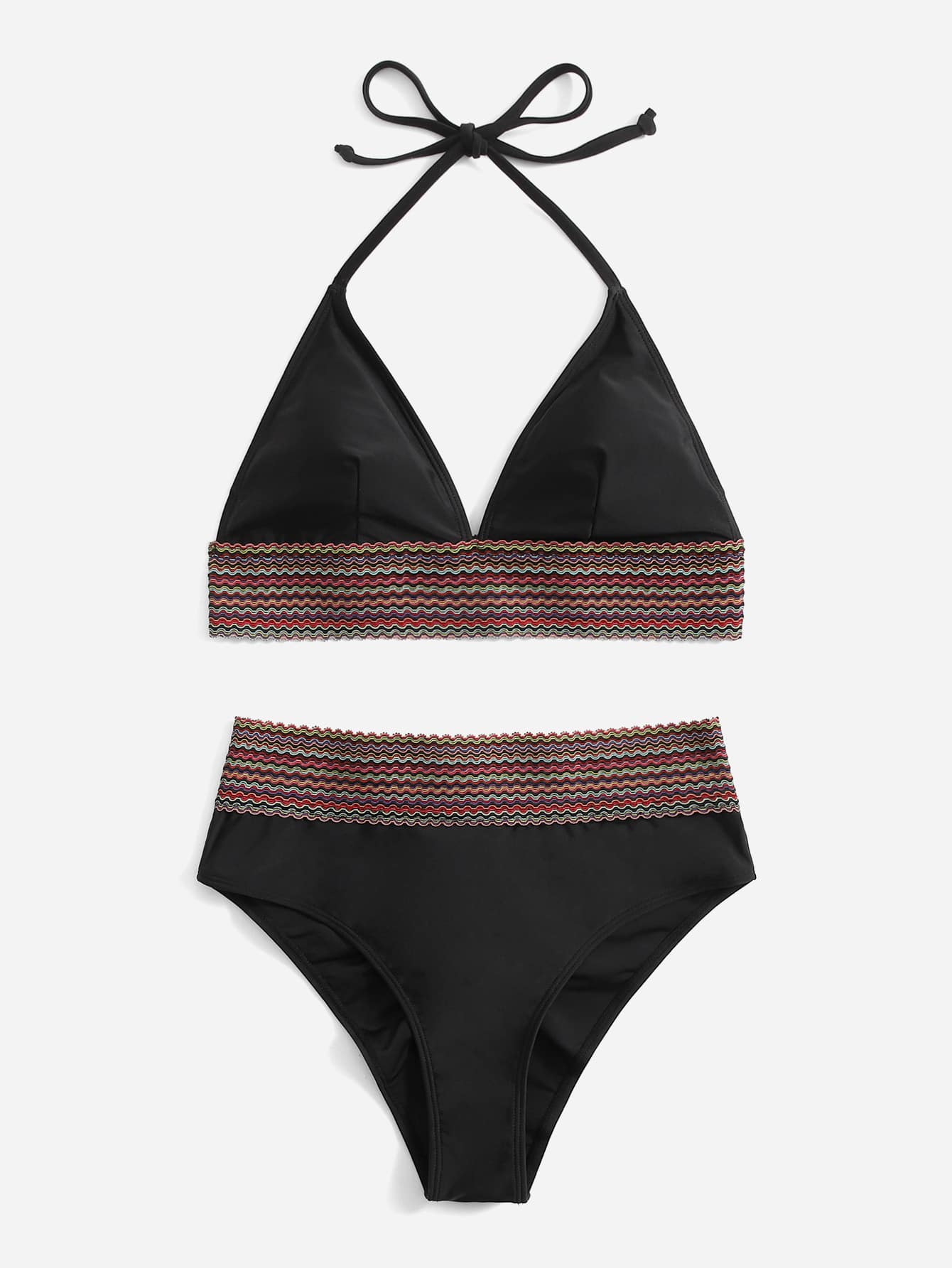 条纹吊带高腰比基尼套装夏季海滩 - 黑色 - 查看 1