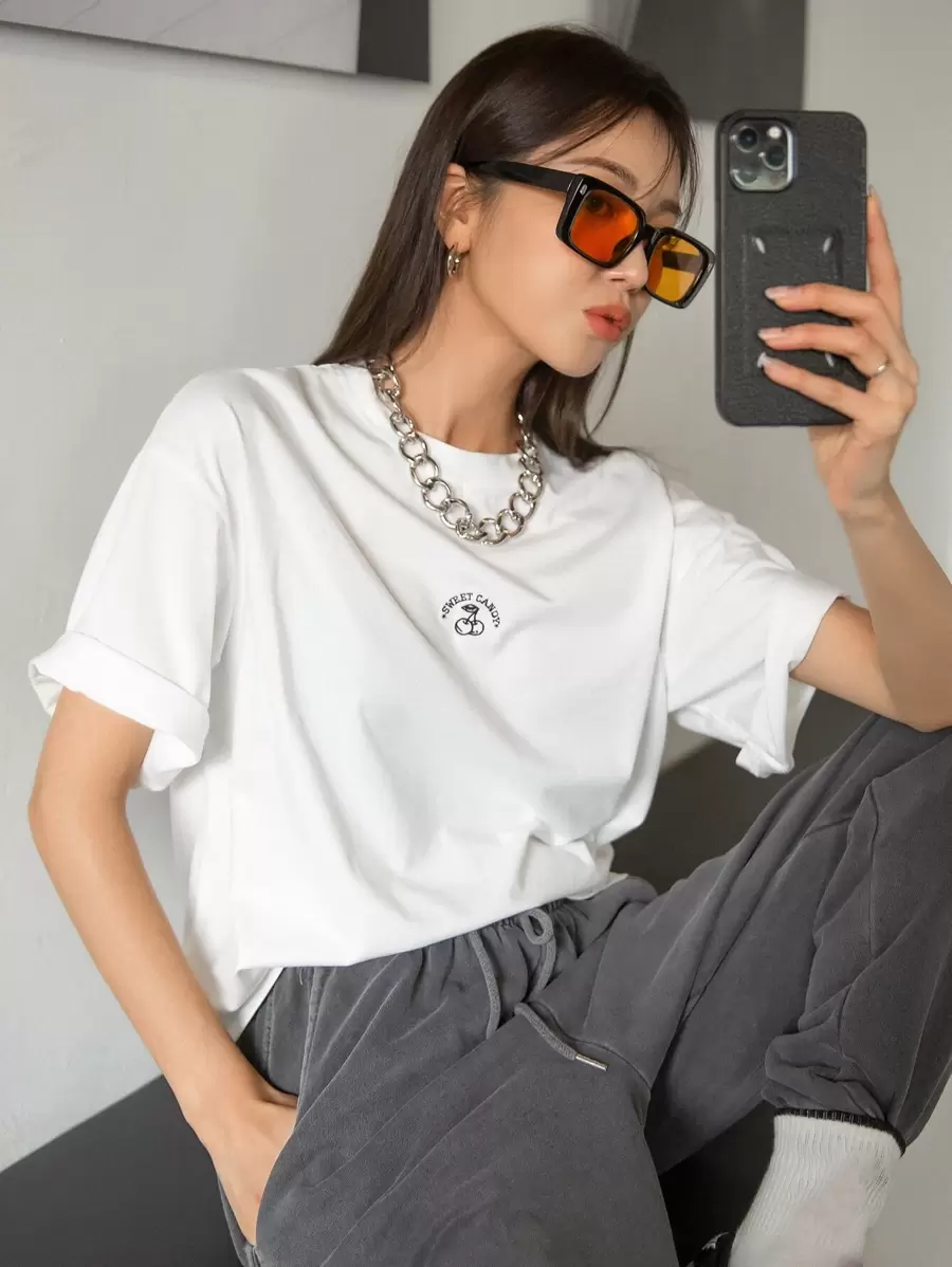 DAZY Cherry And Letter Graphic Drop Shoulder Tee