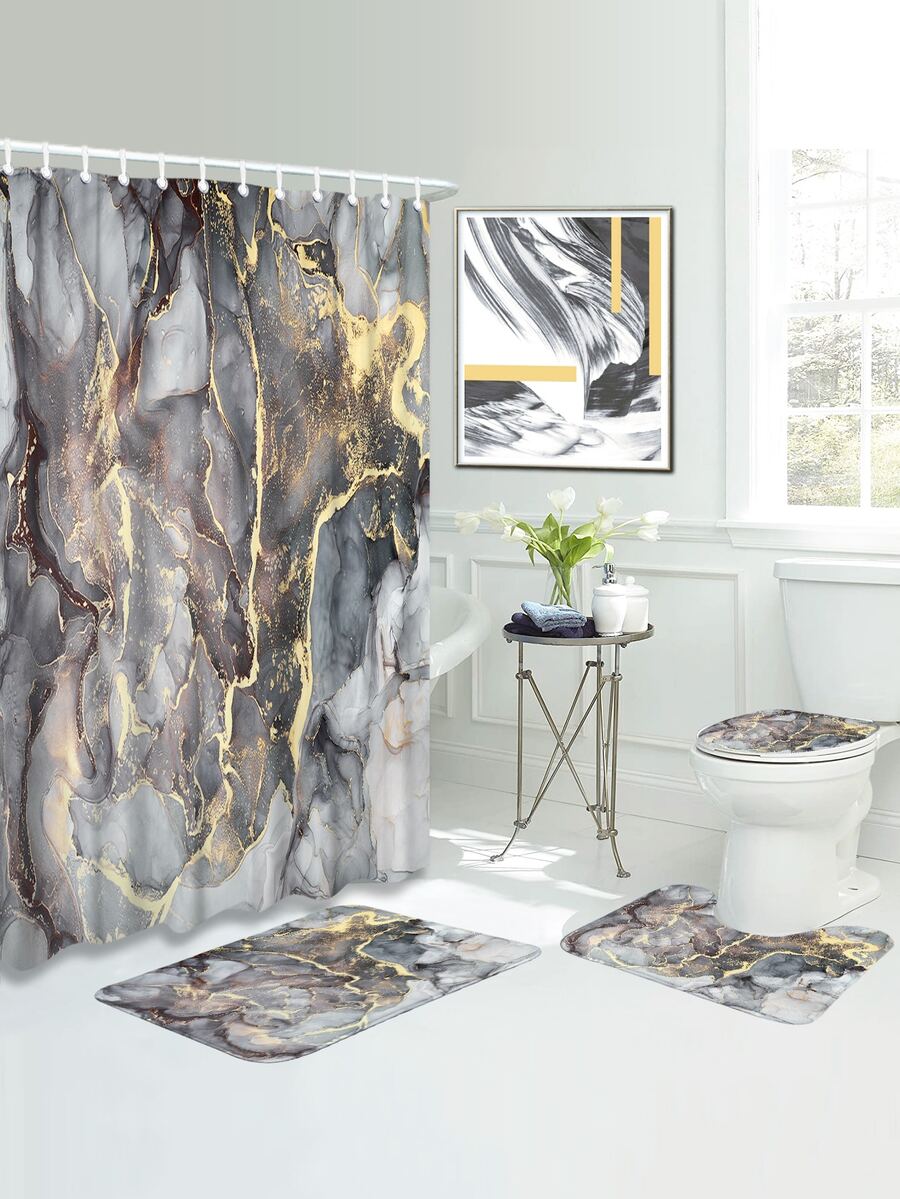 1pc Marble Print Bath Rug Or 1pc Shower Curtain - Multicolor - View 1