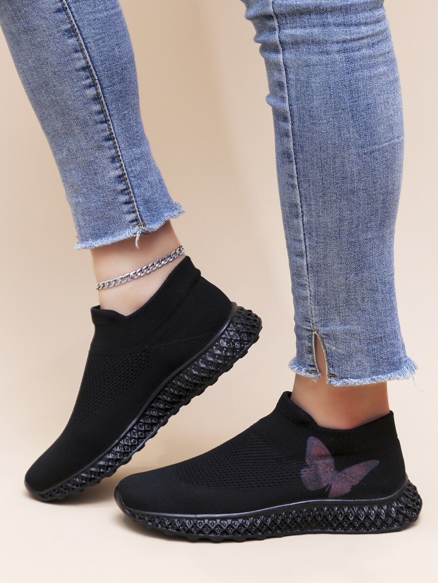 一腳蹬蝴蝶圖案襪運動鞋 - 黑色 - 查看 1