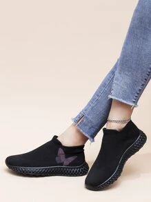 一腳蹬蝴蝶圖案襪運動鞋 - 黑色 - 查看 3