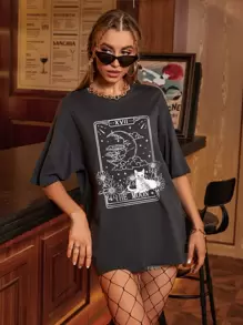 SHEIN EZwear 月亮和貓印花落肩袖超大號T恤 - 深灰色 - 查看 1