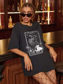 SHEIN EZwear 月亮和貓印花落肩袖超大號T恤 - 深灰色 - 查看 3