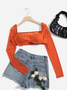 SHEIN VCAY Mesh Sleeve Crop Top - Orange - View 1