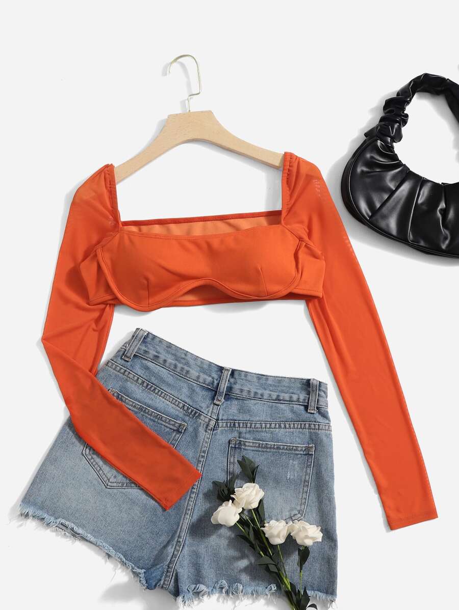 SHEIN VCAY Mesh Sleeve Crop Top - Orange - View 1