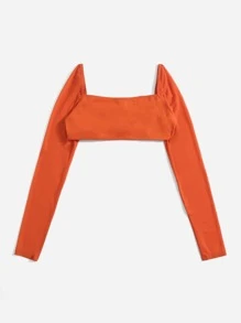 SHEIN VCAY Mesh Sleeve Crop Top - Orange - View 2