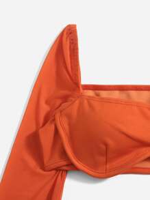SHEIN VCAY Mesh Sleeve Crop Top - Orange - View 3