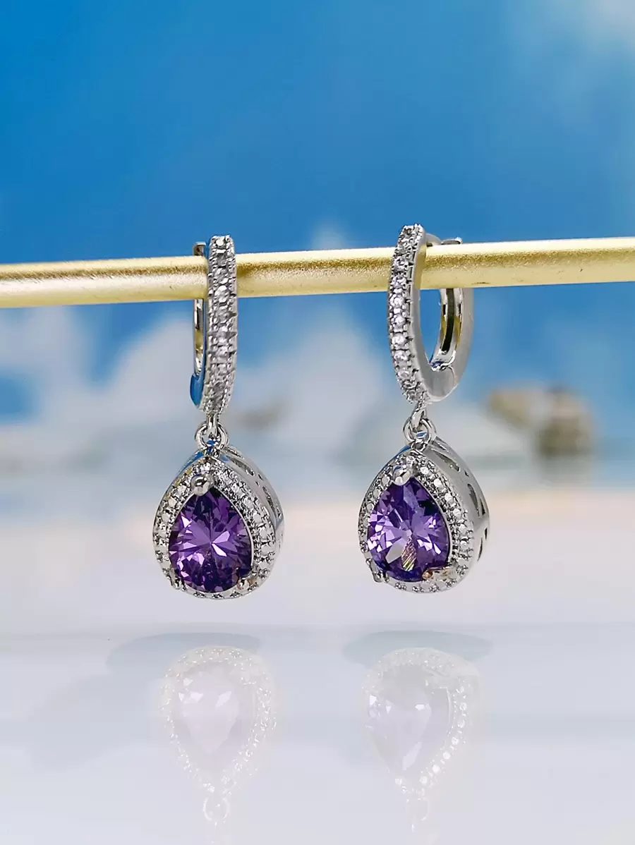 方晶鋯石水滴形耳墜 - 紫色 - 查看 1
