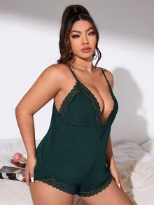Plus Lace Trim Backless Sleep Romper - Dark Green - View 4