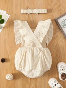 Baby Floral Embroidery Ruffle Overall Bodysuit With Headband - Apricot - View 2