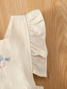 Baby Floral Embroidery Ruffle Overall Bodysuit With Headband - Apricot - View 5