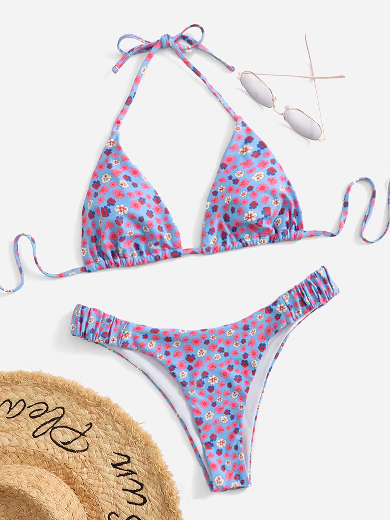 Bikini halter en triángulo con estampado floral - Multicolor - Ver 1