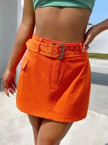 SHEIN ICON 側翻蓋口袋腰帶半身裙 - 橘色 - 查看 1