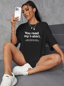 SHEIN EZwear Slogan Graphic Drop Shoulder Oversized Tee, Unisex - Black - View 3