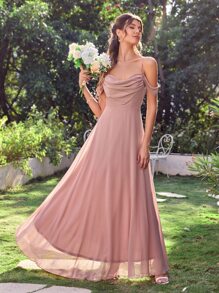Ruched Cold Shoulder Chiffon Bridesmaid Dress - Dusty Pink - View 1