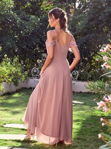 Ruched Cold Shoulder Chiffon Bridesmaid Dress - Dusty Pink - View 2