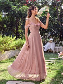 Ruched Cold Shoulder Chiffon Bridesmaid Dress - Dusty Pink - View 4