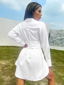 SHEIN EZwear Grommet Lace Up Back Shirt Dress - White - View 2