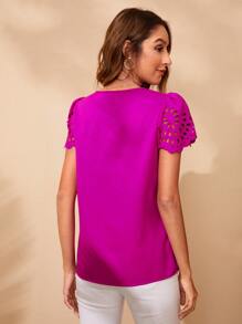 SHEIN Clasi Laser Cut Out Puff Sleeve Blouse - Hot Pink - View 2