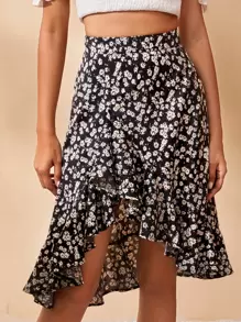 SHEIN VCAY Falda floral asimétrico bajo con fruncido - Multicolor - Ver 4