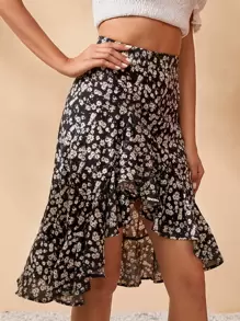 SHEIN VCAY Falda floral asimétrico bajo con fruncido - Multicolor - Ver 5