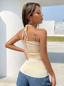 SHEIN ICON Top halter con diseño fruncido lateral de espalda abierta con cordón - Beis - Ver 2