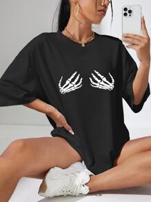 INAWLY Skeleton Print Drop Shoulder Oversized Tee Graphic Tees Women Tops - Black - View 1
