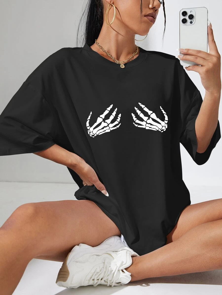 INAWLY Skeleton Print Drop Shoulder Oversized Tee Graphic Tees Women Tops - Black - View 1