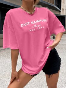 SHEIN Unity Drop Shoulder Letter Embroidery Top - Pink - View 1