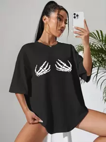 INAWLY Skeleton Print Drop Shoulder Oversized Tee Graphic Tees Women Tops - Black - View 4