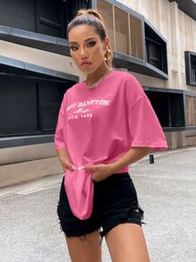 SHEIN Unity Drop Shoulder Letter Embroidery Top - Pink - View 3