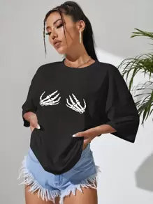 INAWLY Skeleton Print Drop Shoulder Oversized Tee Graphic Tees Women Tops - Black - View 5