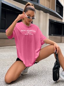 SHEIN Unity Drop Shoulder Letter Embroidery Top - Pink - View 4