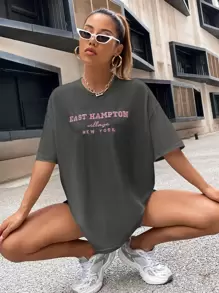 Flirla Top à épaules dénudées avec broderie de lettres, t-shirts graphiques pour femmes