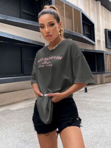 Flirla Top à épaules dénudées avec broderie de lettres, t-shirts graphiques pour femmes