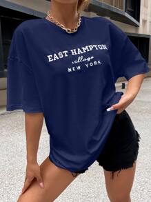 SHEIN Unity Parte superior de mujer con gráfico bordado de letras en hombros caídos - Azul Marino - Ver 1