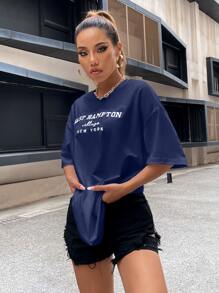 SHEIN Unity Parte superior de mujer con gráfico bordado de letras en hombros caídos - Azul Marino - Ver 3