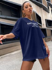 SHEIN Unity Parte superior de mujer con gráfico bordado de letras en hombros caídos - Azul Marino - Ver 5