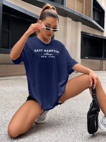 SHEIN Unity Parte superior de mujer con gráfico bordado de letras en hombros caídos - Azul Marino - Ver 6