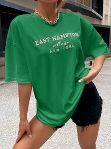 SHEIN Unity Drop Shoulder Letter Embroidery Top - Green - View 1