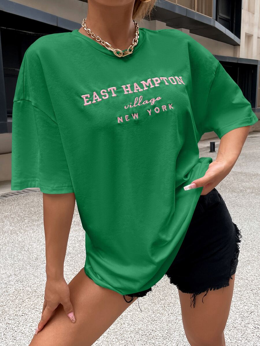 SHEIN Unity Drop Shoulder Letter Embroidery Top - Green - View 1