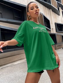 SHEIN Unity Drop Shoulder Letter Embroidery Top - Green - View 3