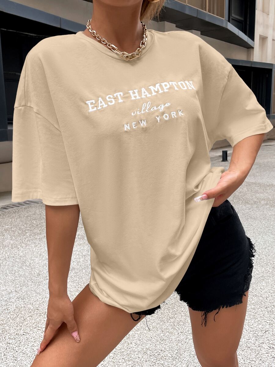 SHEIN Unity Drop Shoulder Letter Embroidery Top - Apricot - View 1