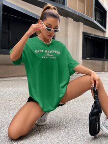 SHEIN Unity Drop Shoulder Letter Embroidery Top - Green - View 4