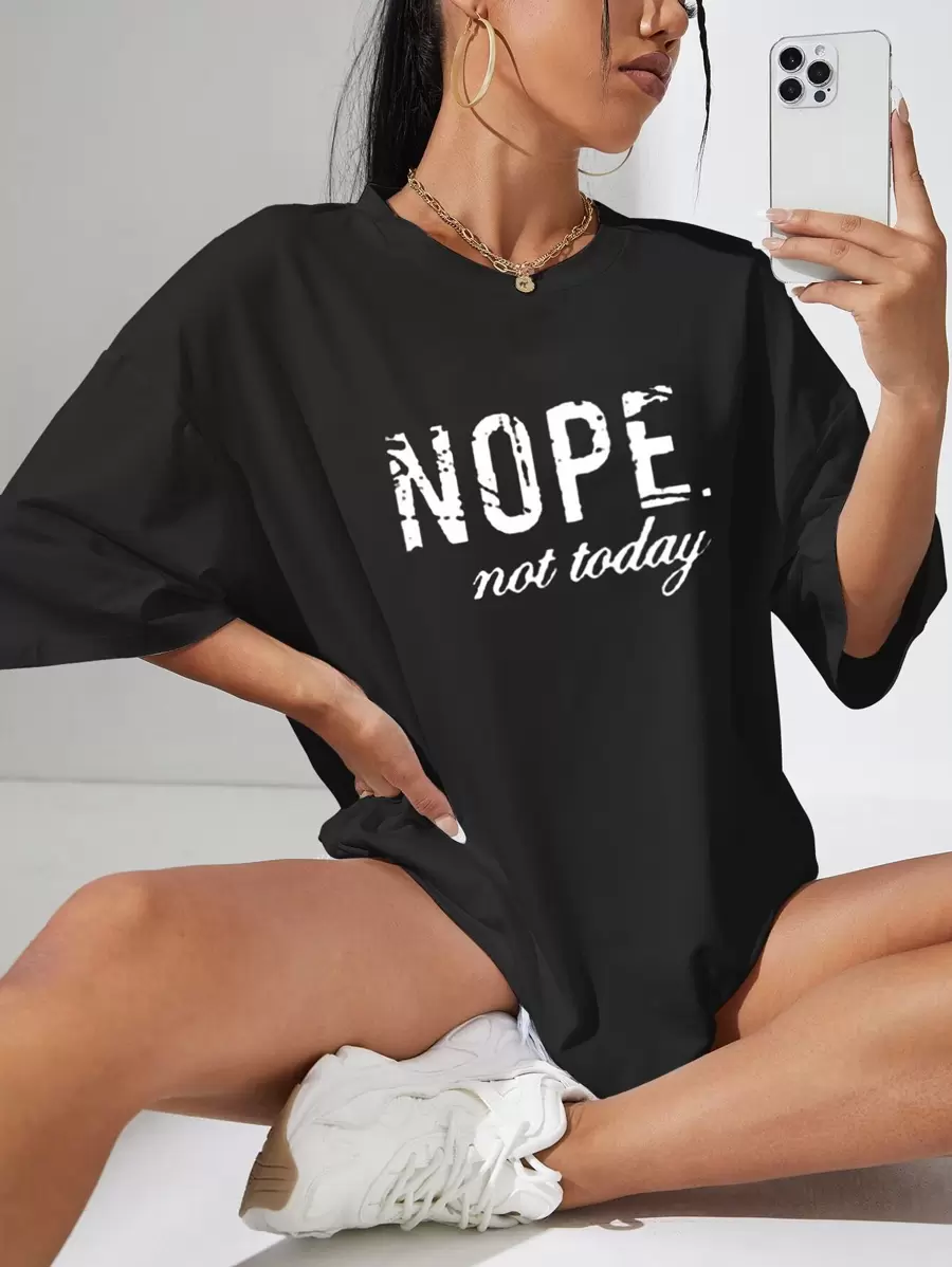 INAWLY Slogan Graphic Drop Shoulder Oversized Tee NOPE Not Today Graphic Tees Women Tops, Unisex - Black - View 1