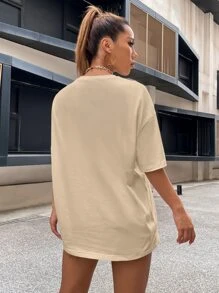 SHEIN Unity Drop Shoulder Letter Embroidery Top - Apricot - View 2