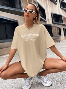 SHEIN Unity Drop Shoulder Letter Embroidery Top - Apricot - View 3